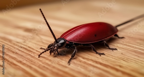  Close-up of a vibrant red beetle on a wooden surface © vivekFx