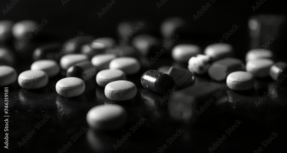 A collection of pills, blurred in the background, with a focus on a single pill in the foreground A collection of pills, blurred in the background, with a focus on a single pill in the foreground