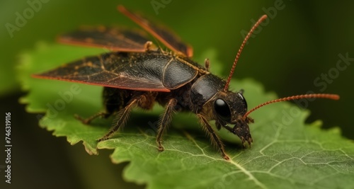  A close-up of a vibrant red and black beetle on a leafy green background