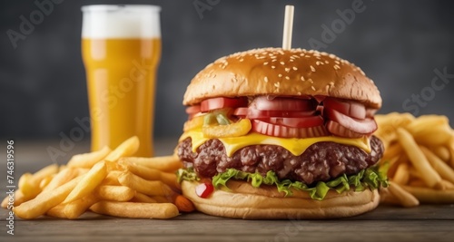  Deliciously indulgent meal - a juicy burger, crispy fries, and a refreshing drink