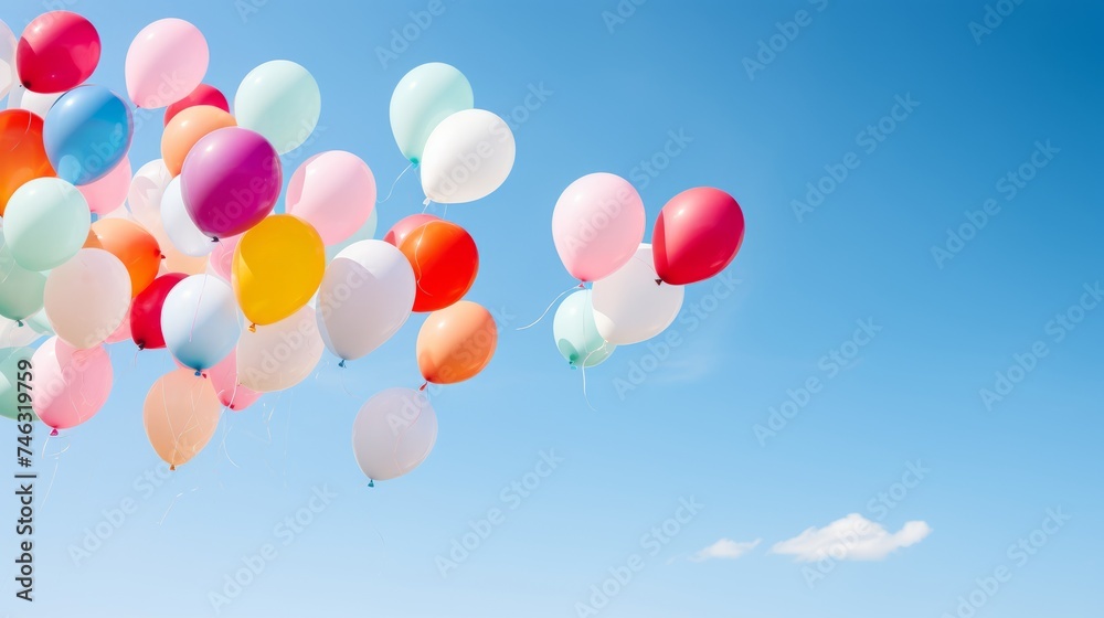 A collection of assorted colored balloons floating against a clear blue sky, with a solid white background.