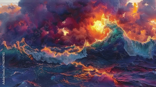 Abstract futuristic background, Raging sea element, large tidal waves with quasar flares