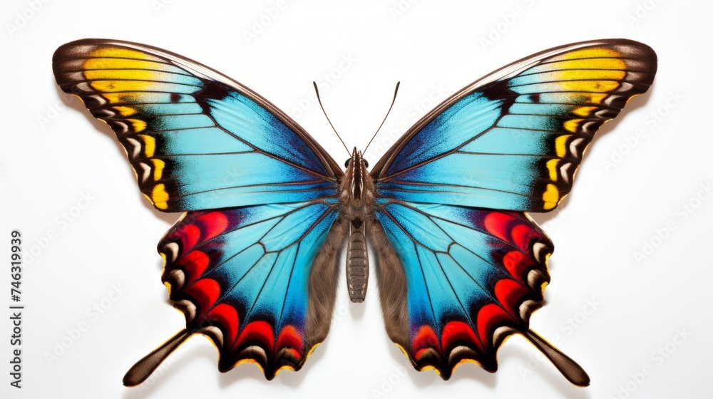 Fototapeta premium A colorful butterfly with wings spread open on a solid white background