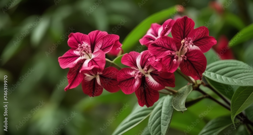Vibrant red flowers bloom in lush greenery Vibrant red flowers bloom in lush greenery