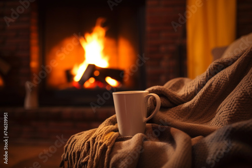 Mug with hot tea standing on a chair with woolen blanket in a cozy living room with fireplace