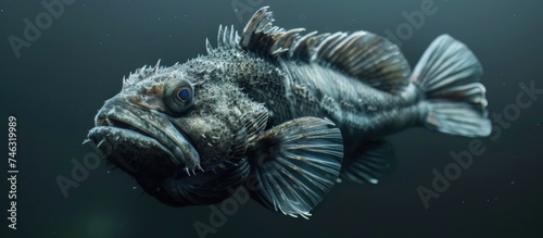 A black and white Anarhichas orientalis, known as the Wolf Fish of the sea, swimming gracefully in its natural habitat. The fishs distinctive features and markings are clearly visible in the