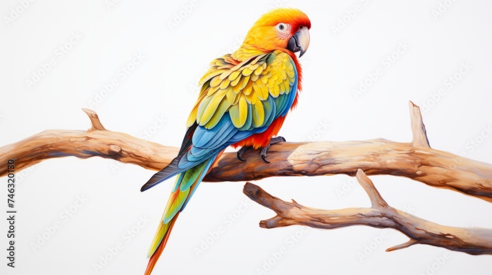 A colorful parrot perched on a branch against a solid white backdrop