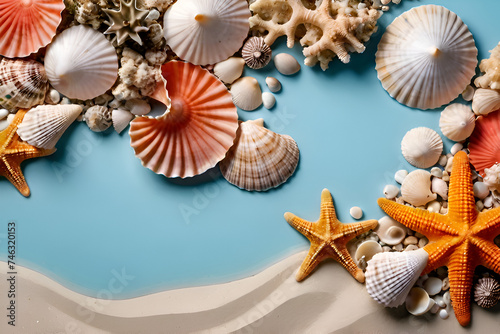 Seashells and coral reef with copy-space frame background concept, blank space.