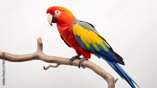 A colorful parrot perched on a branch against a solid white backdrop