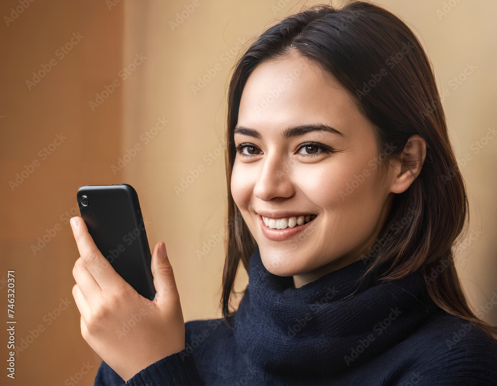 Woman using a black phone. Smiling and relaxed. Mobile technology and use in everyday life. Concepts of communication and technology. Woman using a black phone. Smiling and relaxed. Mobile technology and use in everyday life. Concepts of communication and technology.