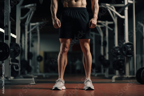 Muscular Young Man Standing in the Gym and Flexing Legs Close Up