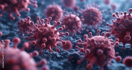  Viral outbreak - A close-up view of a cluster of viruses © vivekFx