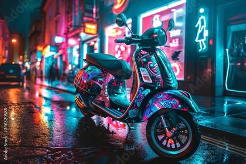 Mobility scooter adorned with pop art decals cruising through neon streets photo