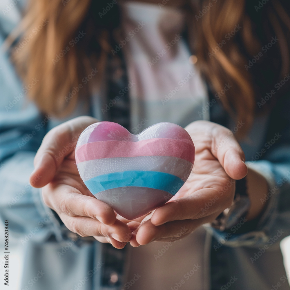 Manos sosteniendo un corazón con la bandera transexual Manos sosteniendo un corazón con la bandera transexual