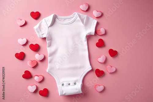 White baby bodysuit with red hearts on pink background. photo