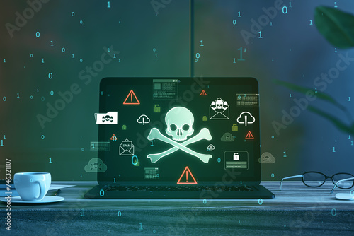 Fotografie A chilling representation of cybersecurity threats with a skull symbol dominatin