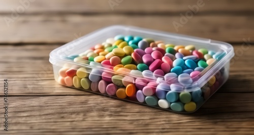  Colorful candy assortment in a plastic container