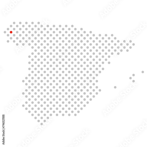 Santiago de Compestela in Spanien: Spanienkarte aus grauen Punkten mit roter Markierung