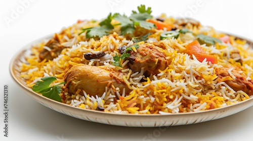  Delicious Chicken Biryani on Plate, Isolated on White Background