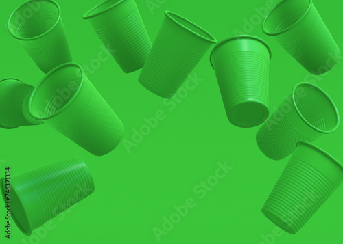 Set of plastic disposable party cup for juice, fresh, beer on monochrome green