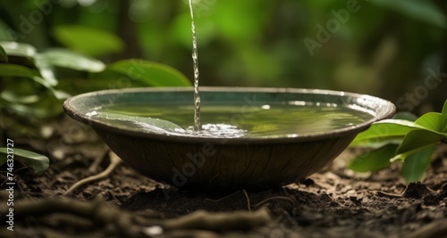  Tranquil moment - Water droplet falling into a bowl amidst nature