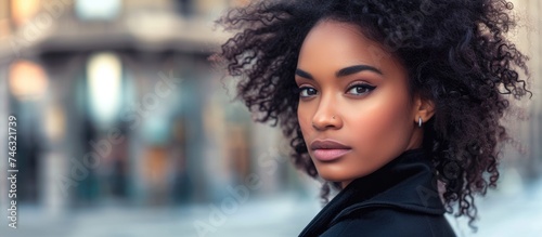 A close-up view of a serious African American woman with curly hair, glancing sideways on the street. Her distinct curly hair frames her face as she appears focused and contemplative. photo