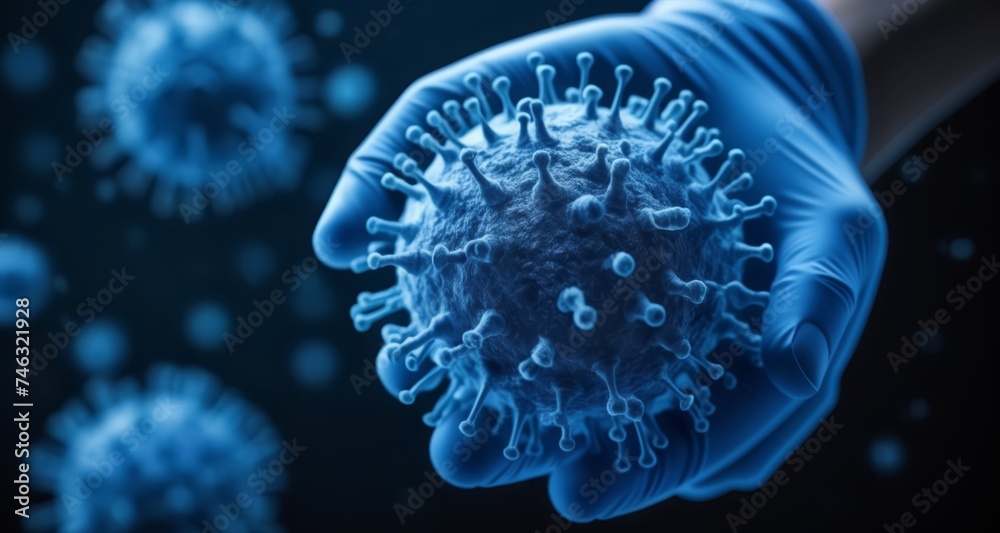  Hand reaching out to virus particles, symbolizing health care or disease transmission