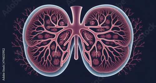  A detailed 3D rendering of a human lung, showcasing its intricate structure and function