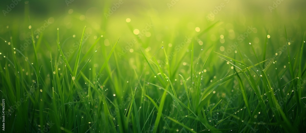 Lush green grass with sparkling morning dews under soft sunlight in the meadow