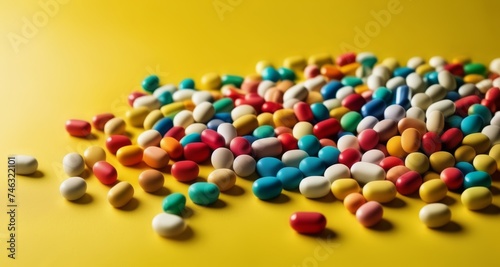  Colorful assortment of candy-like pills on a yellow background