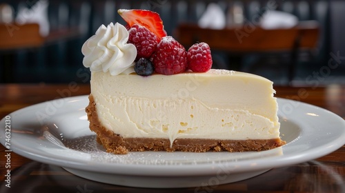 A slice of creamy cheesecake topped with berries  offering a delectable dessert option.