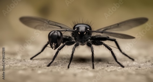  Close-up of a black bee with a fuzzy body and wings, poised on a textured surface © vivekFx