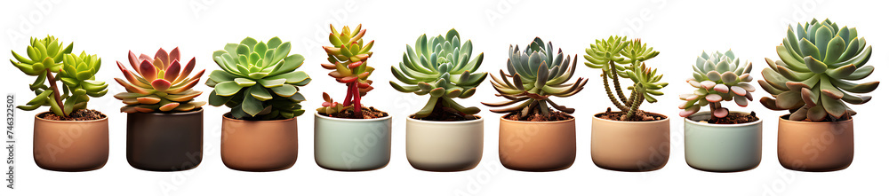  collection of succulents in various pots isolated on a transparent background