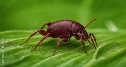  A close-up of a vibrant red beetle on a green leaf © vivekFx