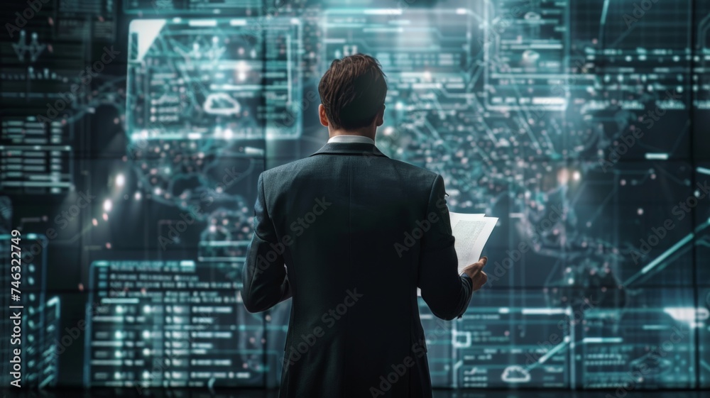 Rear view of modern virtual background businessman holding documents in hand Rear view of modern virtual background businessman holding documents in hand