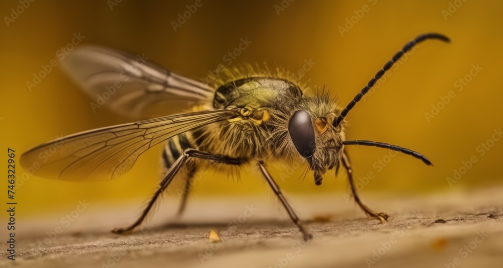 Detailed close-up of a bee with fuzzy body and long antennae Detailed close-up of a bee with fuzzy body and long antennae