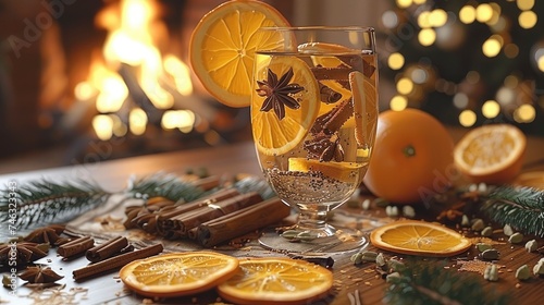 Mulled wine with slice of orange and spices on the table. A glass of mulled wine. Generative AI.