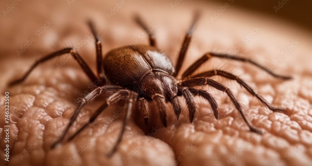 Close-up of a spider on human skin, highlighting texture and detail Close-up of a spider on human skin, highlighting texture and detail