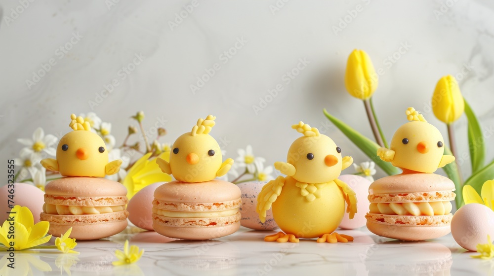 Set of Easter macaroon chicks with yellow tulips and eggs over marble background Set of Easter macaroon chicks with yellow tulips and eggs over marble background