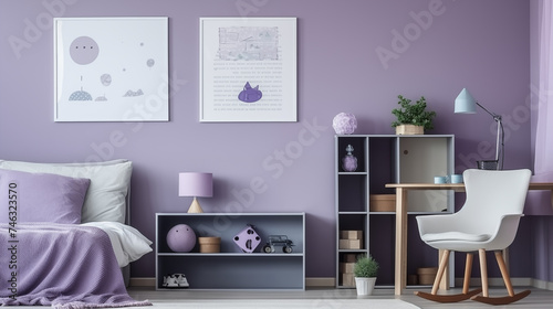 Lawendowy przytulny pokój nastolatka w stylu boho - obrazy na ścianie. Fioletowe kolory wnętrza. Render 3d. Wizualizacja mockup