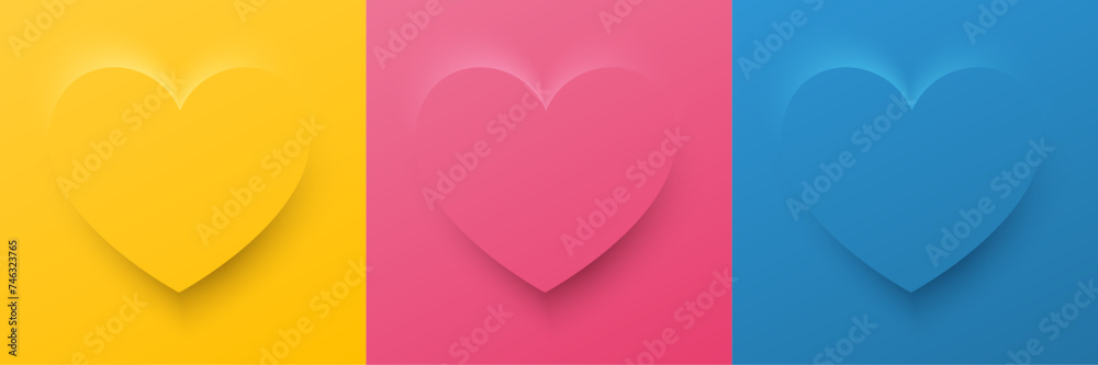 Set of abstract 3D heart, different color 3D heart shape frame design. Collection of geometric backdrop for cosmetic product display. Top view. Vector illustration