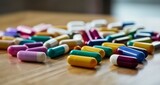  Vibrant assortment of colorful pills on a wooden surface