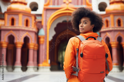 Portrait of African American backpack woman in causal with orange bag standing in the temple. Holiday vacation trip during weekend activity. Sightseeing at temple and see architecture