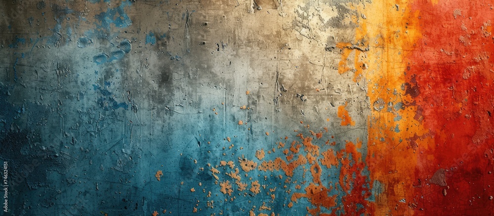 This vibrant abstract metal texture features a combination of orange, blue, and yellow colors on a grunge wall.