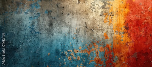 This vibrant abstract metal texture features a combination of orange, blue, and yellow colors on a grunge wall.