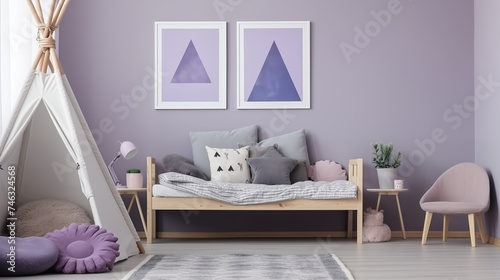 Lawendowy przytulny pokój dziecka w stylu boho - obrazy na ścianie. Fioletowe kolory wnętrza. Render 3d. Wizualizacja mockup