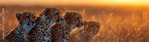 Cheetah standing in the savanna with setting sun shining. Group of wild animals in nature. Horizontal, banner.