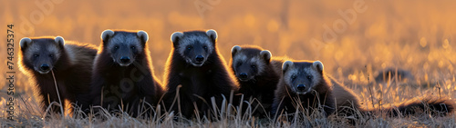 Wolverine family walking towards the camera in the forest with setting sun. Group of wild animals in nature. Horizontal, banner. © linda_vostrovska