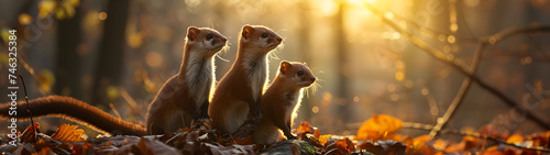 Weasel family in the forest with setting sun shining. Group of wild animals in nature. Horizontal, banner.