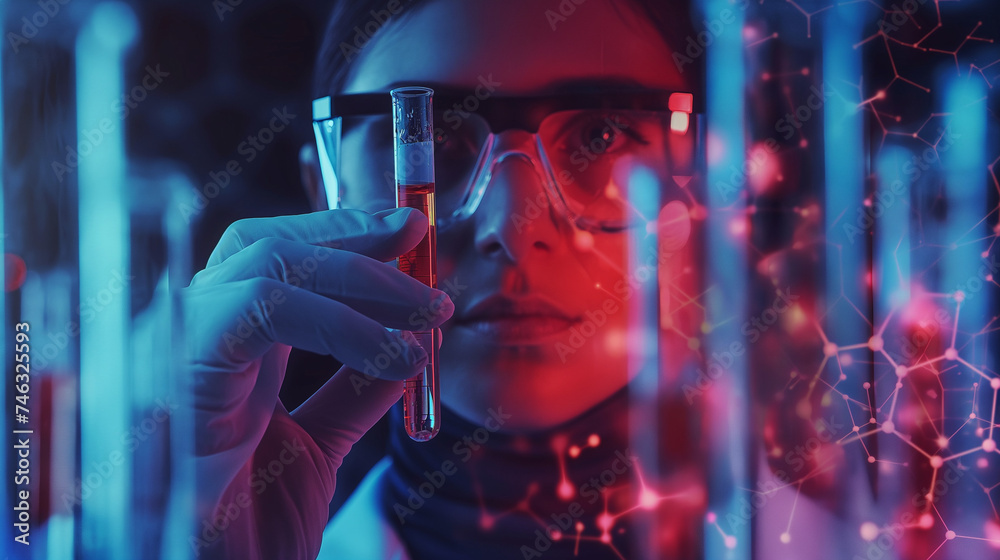 scientist holding medical testing tubes or vials of medical pharmaceutical research with blood cells and virus cure using DNA genome sequencing biotechnology  - obrazy, fototapety, plakaty 